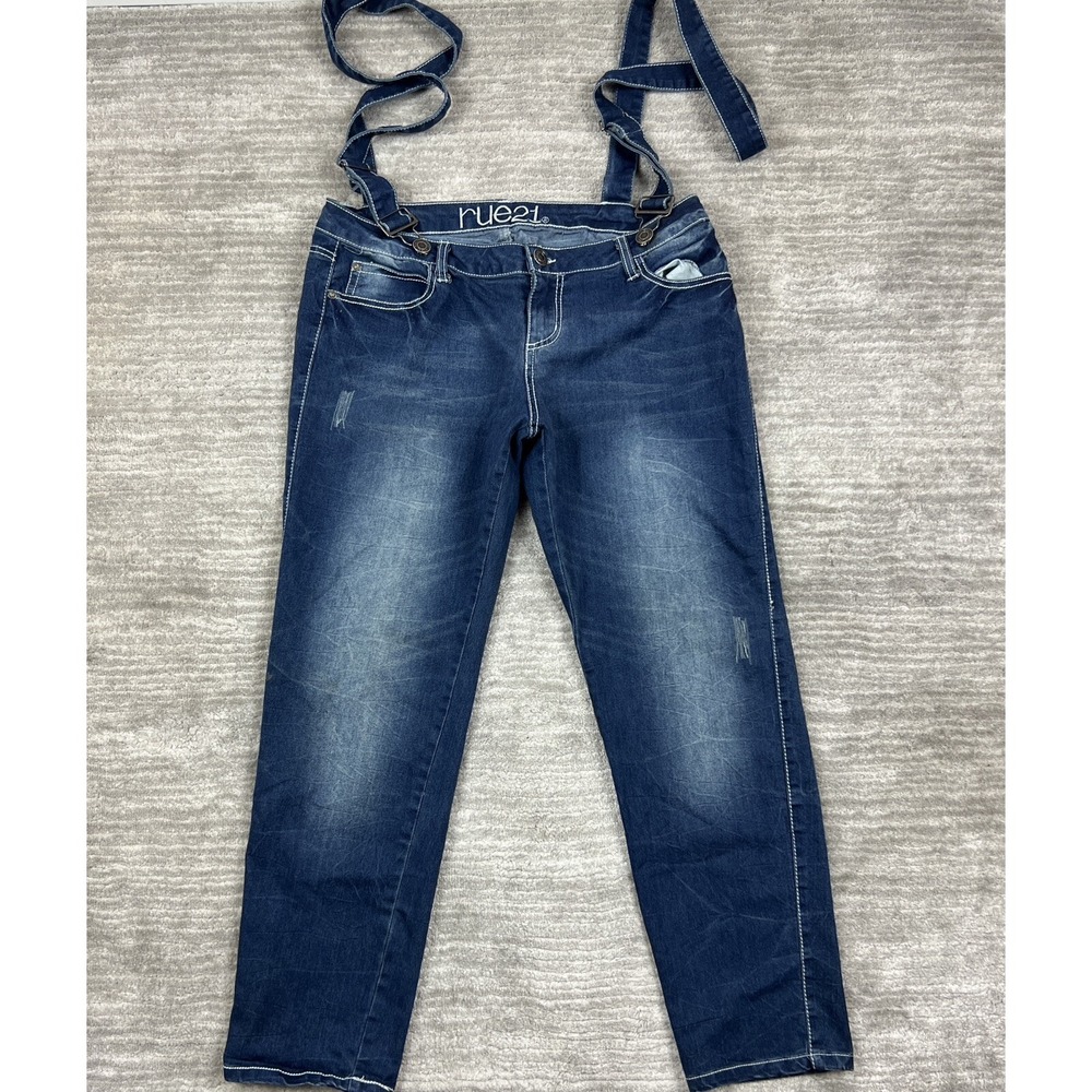 Rue21 Overalls Women 13/14‎ Blue Dark Wash Detachable Straps Contrast Stitch Y2K